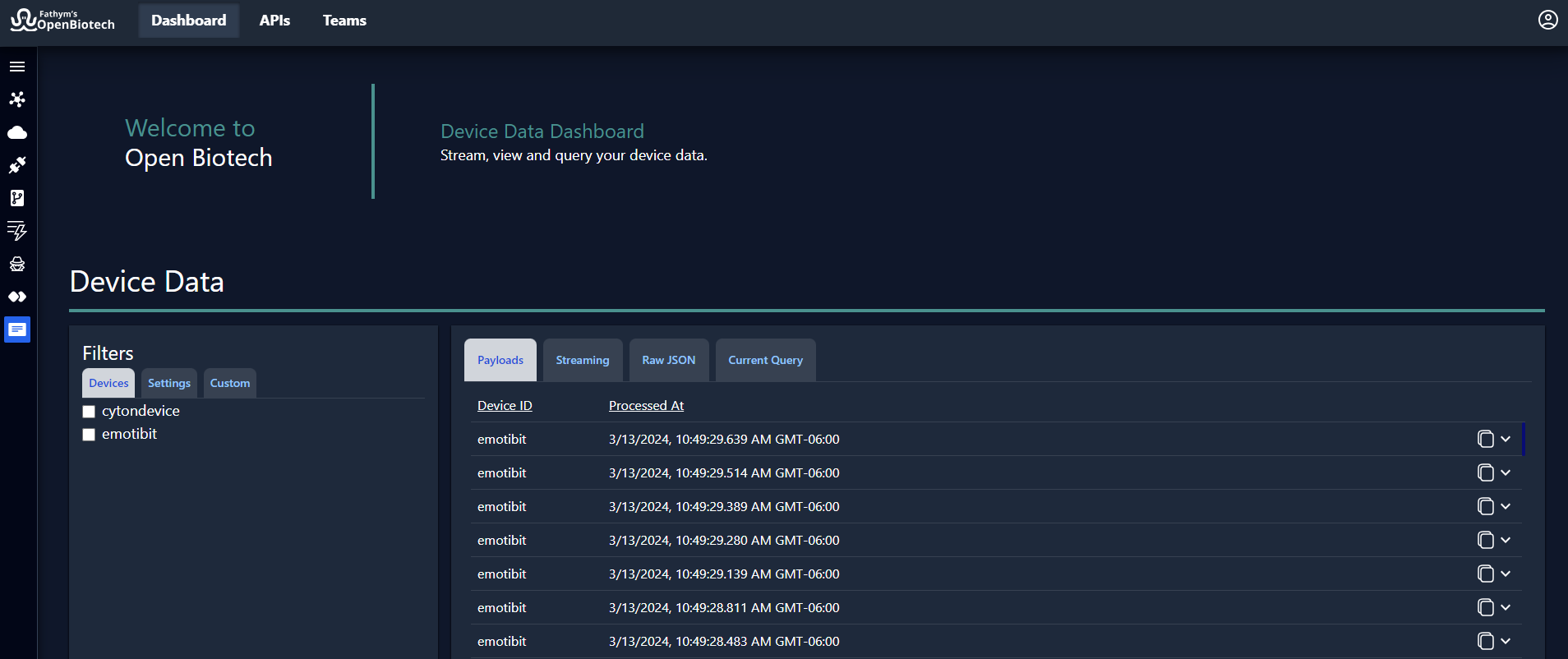 OpenBiotech Device Data Dashboard