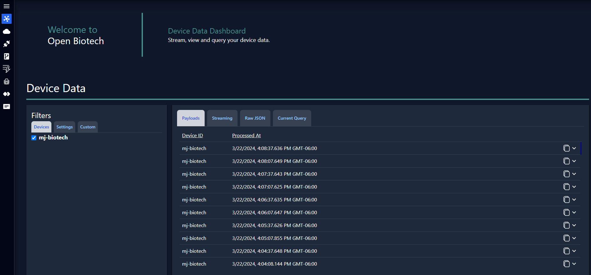 OpenBiotech Device Data Dashboard